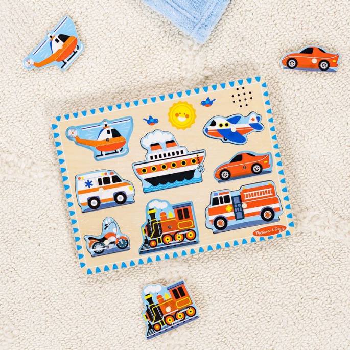 Melissa & Doug dřevěné puzzle se zvukovými efekty dopravní prostředky