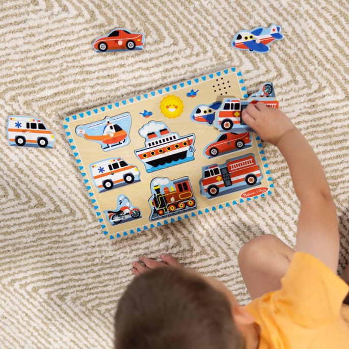 Melissa & Doug dřevěné puzzle se zvukovými efekty dopravní prostředky