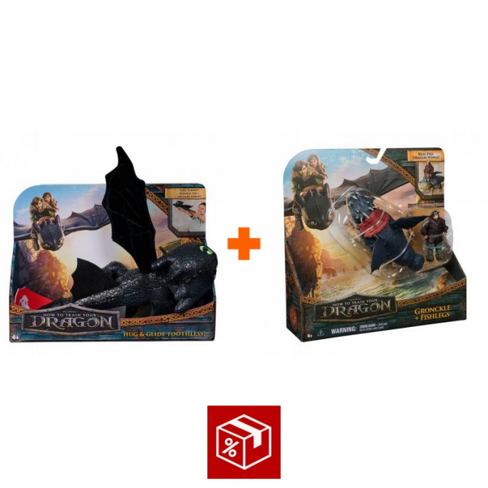 Изгоден комплект: Как да си дресираш дракон плюшена играчка Беззъб прегръщащ + Gronckle и Рибоног