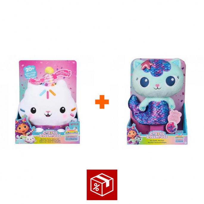 Изгоден комплект: Gabby’s Dollhouse - Плюшено котенце Cakey със звуци + Плюшен Mercat с функция