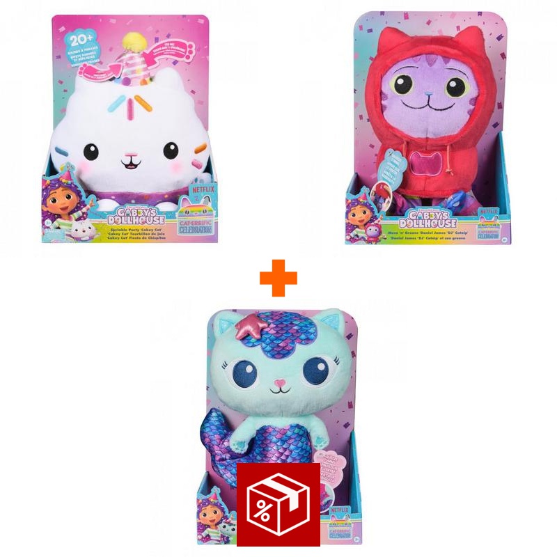 Изгоден комплект: Gabby’s Dollhouse Кекий плюшена играчка със звуци + плюшени играчки DJ Catnip и Mercat