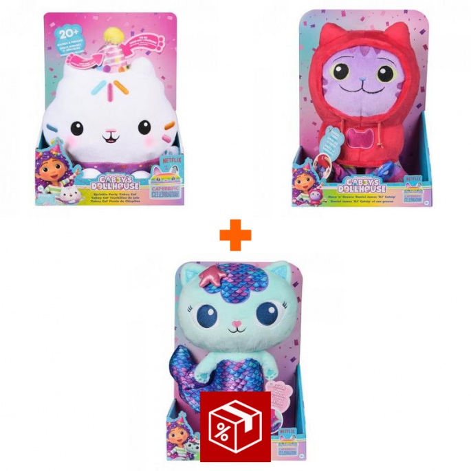 Изгоден комплект: Gabby’s Dollhouse Кекий плюшена играчка със звуци + плюшени играчки DJ Catnip и Mercat