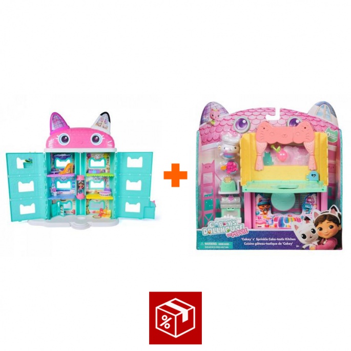 Изгоден комплект: Габби’s Dollhouse голяма къща от филма + стая към голямата къща кухня