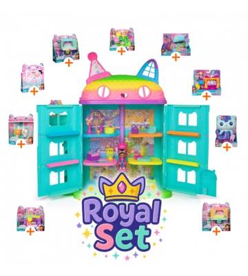Royal комплект: Gabby’s Dollhouse голяма къща за празненства с 9 аксесоари + плюшена Mercat БЕЗПЛАТНО