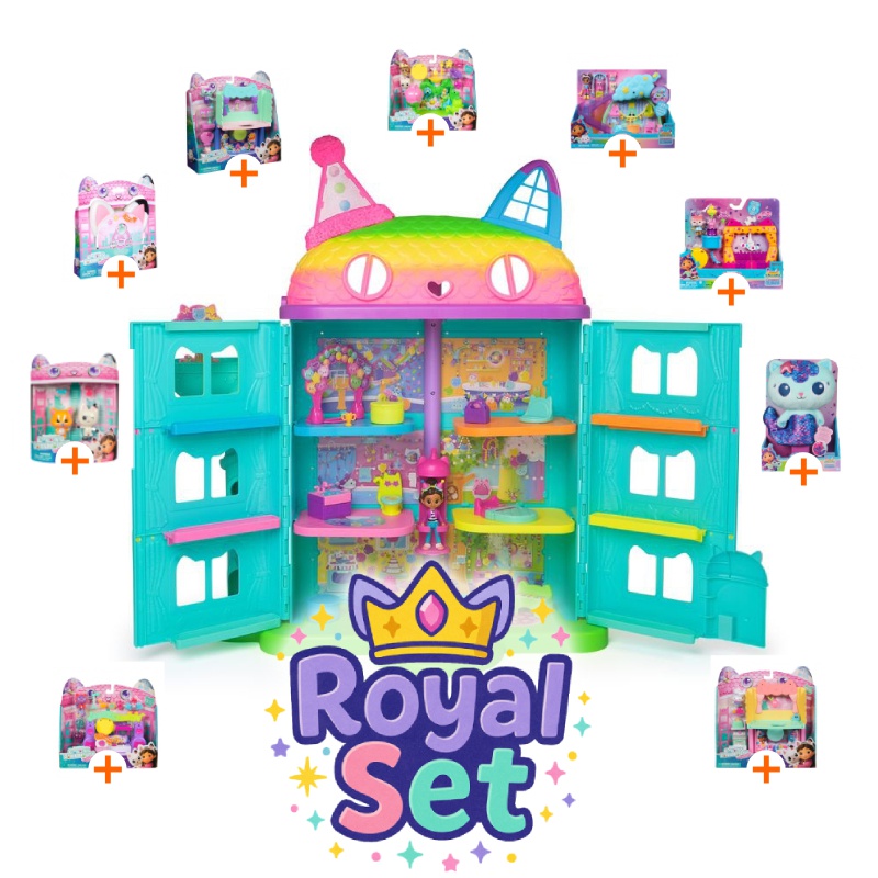 Royal комплект: Gabby’s Dollhouse голяма къща за празненства с 9 аксесоари + плюшена Mercat БЕЗПЛАТНО
