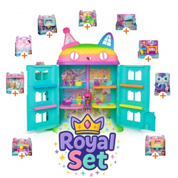 Royal комплект: Gabby’s Dollhouse голяма къща за празненства с 9 аксесоари + плюшена Mercat БЕЗПЛАТНО