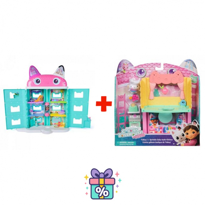 Изгоден комплект: Габби’s Dollhouse голяма къща от филма + стая към голямата къща кухня