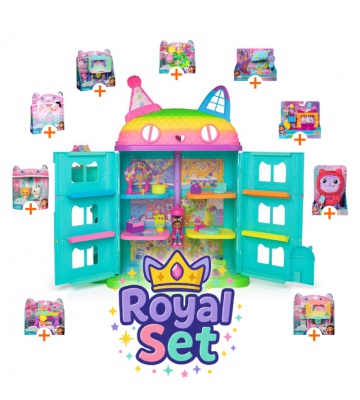 Royal комплект: Gabby’s Dollhouse голяма къща за празненства с 9 аксесоари + плюшена DJ Catnip БЕЗПЛАТНО