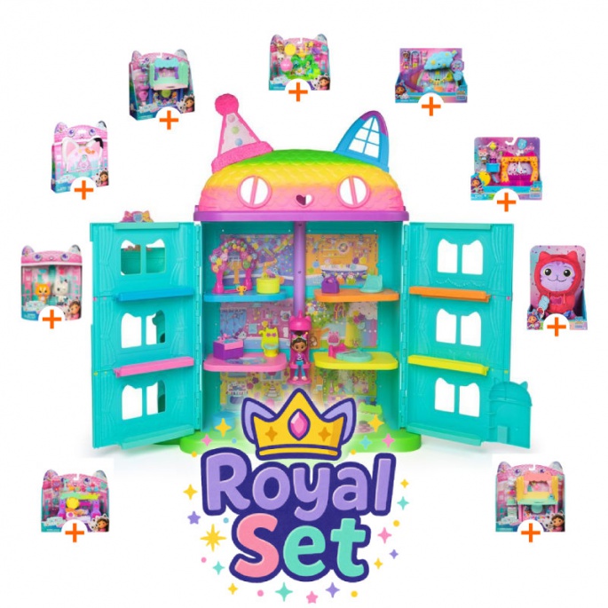 Royal комплект: Gabby’s Dollhouse голяма къща за празненства с 9 аксесоари + плюшена DJ Catnip БЕЗПЛАТНО